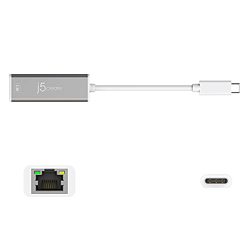 j5create USB-C to 2.5G Ethernet Adapter, RJ45 LAN 2.5 Gigabit Network to USB Type C/Thunderbolt Converter, Compatible for MacBook Pro/Air, Tablets, Dell XPS, Surface Pro 7 (JCE145)