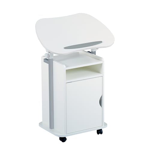 Techni Mobili Adjustable Laptop Cart w/Storage, Rolling Mobile Desk, White | Adjustable laptop cart with storage cabinet, shelf, locking wheels, sit‑stand height for home office, bedside, classroom - color: White