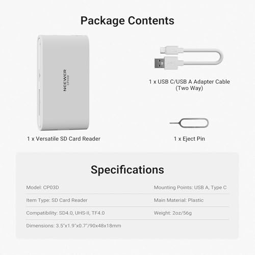 NEEWER SD Card Reader, USB 3.2 High Speed for SD 4.0/UHS-II SD/TF4.0/Micro SD Holder to Type C & USB A Adapter for Camera Action Cam Drone Smartphone Laptop Flash Drive Keyboard Mice, CP03D