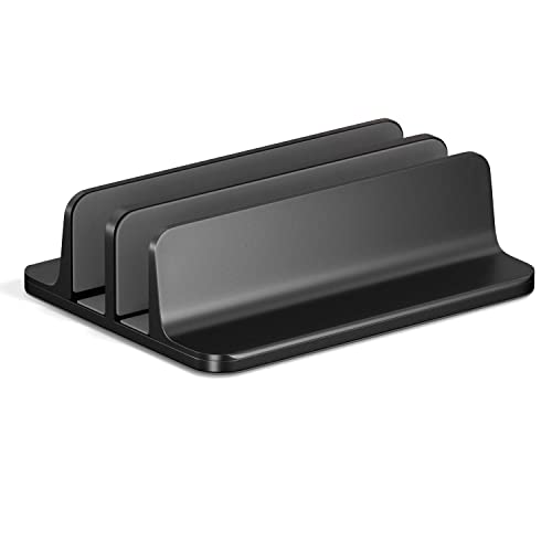 Kuzy Vertical Laptop Stand for Desk Adjustable Aluminum - Dual-Slot Laptop Holder for MacBook Stand Pro Air Anti-Slip, Black - color: Black