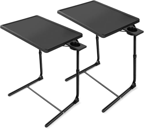 HUANUO TV Trays Set of 2, TV Tray with 6 Height & 3 Tilt Adjustments, Black | 21.53"–28.74" height range, foldable, cup holder, crossbar for stability, for eating, working, drawing on sofa, bed, chair