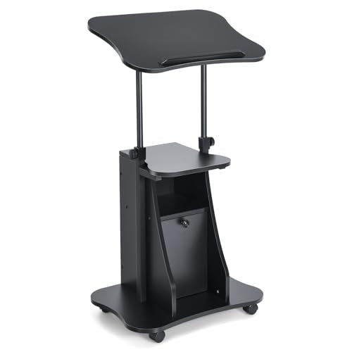 Tangkula Mobile Laptop Podium, Height Adjustable Sit to Stand Desk with Tilting Desktop & Storage Cabinet, Ergonomic Rolling Lectern Cart Laptop Desk, Office Podium Stand on Wheels - color: Black, size: 21.5" x 15.5" x 45"