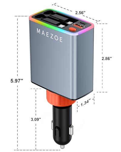 Retractable Car Charger with 𝑺𝒐𝒖𝒏𝒅-𝑨𝒄𝒕𝒊𝒗𝒂𝒕𝒆𝒅 𝑳𝒊𝒈𝒉𝒕, 120W USB C Car Charger Adapter Fast Charging, 4-in-1 Retractable Car Phone Charger for iPhone 16/15/14/13/12, Samsung
