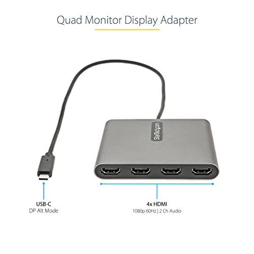 StarTech 50cm USB-C to 4-HDMI Adapter, 4x 1080p 60Hz, USB Powered, TAA | USB 3.0 to Quad HDMI, External Video Graphics Card, Windows Only, For Laptops/Desktops, 2ch Audio - style: USB-C