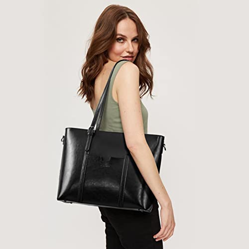 BOSTANTEN Genuine Leather Laptop Bag for Women 15.6'' Briefcase Tote Bags | Laptop Compartment, Structured, Professional, Detachable & Adjustable Shoulder Strap, Metal Feet, Work, Office, Business - color: C-black