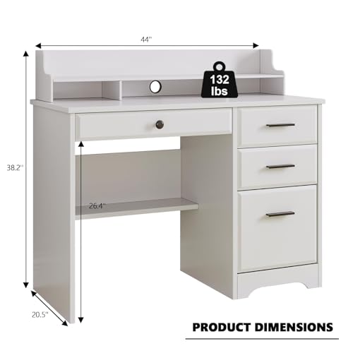 4 EVER WINNER White Desk with Drawers, Small Desk with File Drawer for Small Spaces, Writing Desk with Monitor Stand Wood Table for Study Home Office, White - color: White