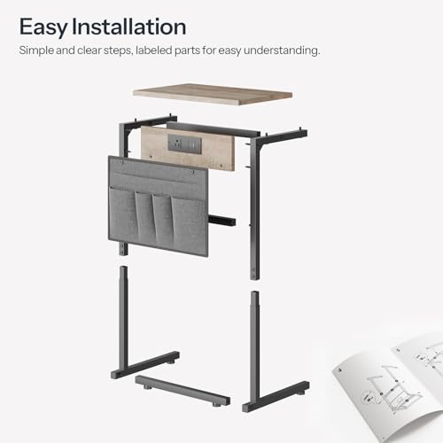 HOOBRO C Shaped End Table with Charging Station, 28" H Couch Side Table Slide Under, Sofa Arm Tray Table with Storage Bag for Living Room, Recliner, Greige BG70USF01 - color: Greige
