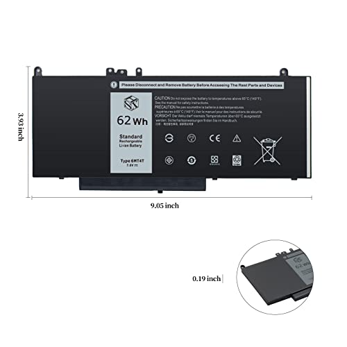 62Wh 6MT4T 7V69Y Laptop Battery for Dell Latitude 14 5470 E5470 15 5570 | TXF9M 79VRK 07V69Y 0HK6DV 079VRK 0TXF9M for E5570 Notebook 15.6 inch Precision 15 3510 Series M3510 0C1P4 451-BBUN 451-BBTW - size: 11.81*4.25*1.85 inch 6MT4T