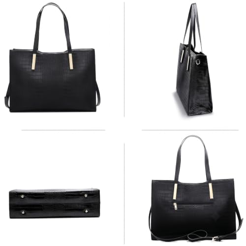 15.6" Laptop Work Tote Bag for Women Shoulder Handbag Large, Black | 2 water bottle pocket. Lightweight 2.2 Lbs. Capacity 20L. Vegan Leather. Waterproof. L17” x H12” x W5.5”. Handle Drop 11".