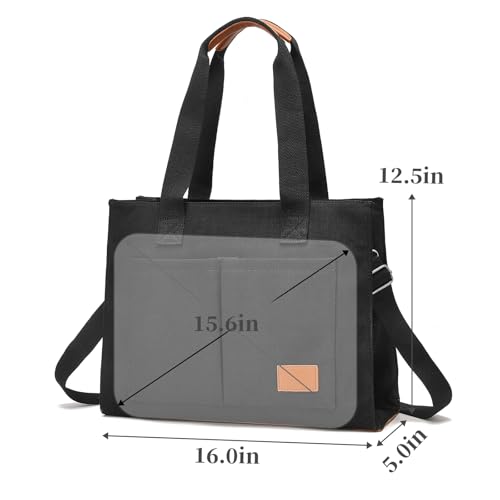 Canvas Laptop Tote Bag for Women | 15.6" Laptop Compartment - color: Black