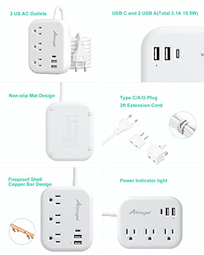 Alitayee European Travel Plug Adapter,EU/UK/US Travel Power Strip 3 USB 3FT | International Universal Travel Plug Adapter,3 Outlets,3 USB Ports,3ft Extension Cord ,EU UK Italy Spain France Germany Cruise - style: 15W-3FT-EU/UK/US Plug