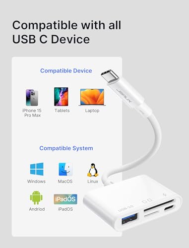 JSAUX 4-in-1 USB C SD Card Reader White | USB C Micro SD Card Reader with (USB 3.0 & Charging) Port Compatible with iPhone 16 Pro Max, Android, Mac, iPad Pro, Camera - color: White, size: 4-in-1