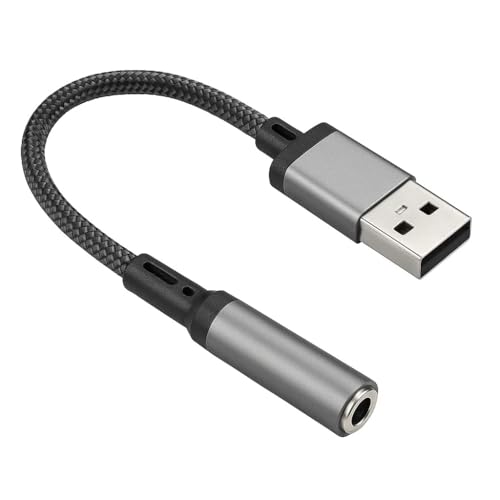 USB to 3.5mm Audio Jack Adapter, External USB Sound Card Aux Converter, Durable Nylon Braided Cable, Strain Relief Connector Compatible with Headsets, Earphones, Speakers, PC, Laptop, Linux, PS4, More
