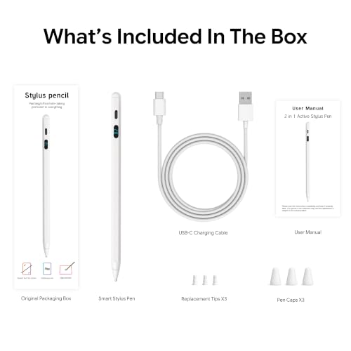 Active Stylus Pen with LED Display, 2-in-1 Dual Modes Digital Pencil - Universal Stylus for iPad, Samsung, Android Tablets, iPhone & Switch, Palm Rejection & Tilt Sensitivity, No Bluetooth - color: White