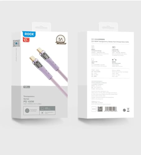 100W USB-C to USB-C Cable Transparent Fast Charging 480Mbps Data Braided Nylon LED E-Marker for Laptops Tablets Phones - Black