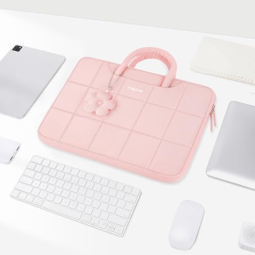 MOSISO Laptop Case 14 inch,14 inch Puffy Laptop Sleeve Compatible with HP Lenovo Dell ASUS Acer/HP Stream/Dell Latitude/Lenovo IdeaPad, Rectangle Quilted Bag with Handle&Flower Pendant, Pink - color: Pink, size: 14 inch