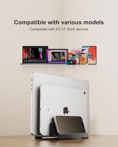 Vertical Laptop Stand for Desk, Dual Slots Plastic Laptop Holder with Space Saving 4-in-1 Design, Adjustable Width Supports MacBook, Chromebook, Surface, Dell (Black) - color: Black