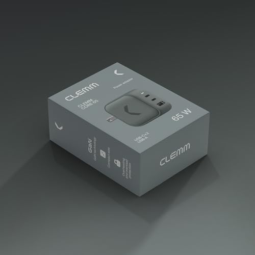 CLEMM Core USB-C, USB-A Wall Charger Block Power Adapter for MacBook, iPhone 17/16/15/14/13/12/11/X, Galaxy S24 Ultra/S23 65W Output Fast Charging, Foldable, GaN, PPS, 3.0, 3-Ports, Compact, Gray