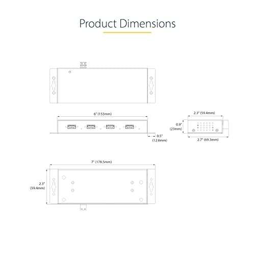 StarTech 4-Port Industrial USB 3.0 Hub 5Gbps, TAA (5G4AINDNP-USB-A-HUB) | 4x USB-A ports, ESD protection, DIN wall and desk mountable, Locking ports, Terminal block 5-24V DC