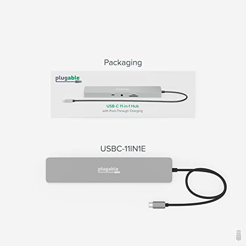 Plugable 11-in-1 USB-C Hub, 100W USB-C Pass-Through, Laptop Docking Station Dual Monitor, 4K 60Hz HDMI, Driverless, Compatible with Thunderbolt, Windows, Chromebooks, Not Recommended for Mac