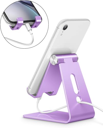 OMOTON C2 Adjustable Aluminum Cell Phone Stand with Charging Cutout, Purple | Sturdy 3mm Aluminum, Charging Port, 270° Adjustable, Non-Slip Silicone Pads, Works with Thick Cases, for All Smartphones - color: Purple