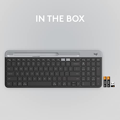 Logitech K585 Slim Wireless Keyboard with Built-in Phone Cradle - Graphite | Bluetooth with included USB receiver, connects 2 devices, cradle can hold smartphone or tablet up to 10 in. in landscape mode - color: Graphite
