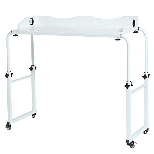 UNICOO Adjustable Overbed Table, Over the Bed Table with Wheels, Medical Overbed Table with Wheels Adjustable Height, Rolling Desk for Full/Queen/King Bed, Sturdy Wood & Steel Frame (202-White) - color: White