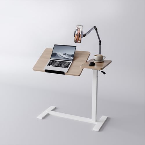 Adjustable Overbed Bedside Table with Wheels Pneumatic Mobile Standing Laptop Desk Rolling Computer Cart Movable Couch Desk Hospital Bed Table, Natural Wood - color: Natural Wood
