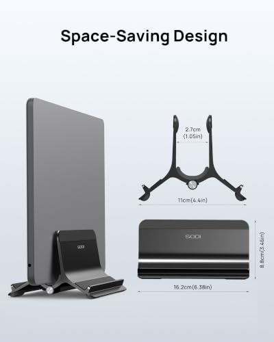 Vertical Laptop Stand Holder for Desk Compatible with MacBook Air, MacBook Pro Stand Vertical Aluminum Up to 17 inch, Gravity Auto-Lock Cooling, 3-in-1 Space Saving Desk Organizer Accessories - color: Black