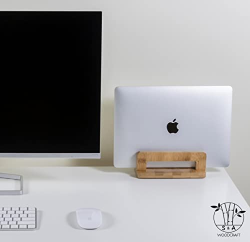 S&A WOODCRAFT Bamboo Wood Vertical Laptop Stand, Adjustable Wooden Laptop Holder, Non-Slip Laptop Dock Compatible with Apple MacBook, Microsoft Surface, Gaming Laptops, IPad, Tablets - color: Natural Bamboo, size: 1 Slot