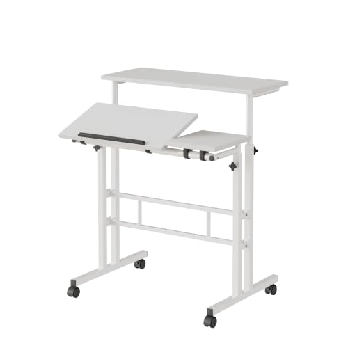 VECELO Mobile Small Standing Desk Adjustable Height, Computer Workstations with Tiltable Tabletop, Lockable Wheels, Portable Rolling Laptop Desk for Home Office, White - color: White