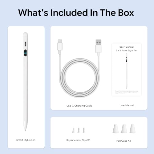 LED Battery Display Stylus Pen, Dual Modes Fast Charge Universal Active Digital Pencil for iPad iPhone Samsung Android, <2ms Low Latency, Tilt Sensitivity for Drawing Note Taking, No Bluetooth Stylus - color: White