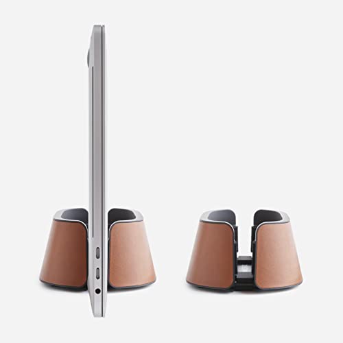 HumanCentric Vertical Laptop Stand in Vegan Cognac Leather, Adjustable | Upright Adjustable Holder and Dock, Fits MacBook Pro and Other Laptops .5" to 1.5", Clamshell Compatible - color: Cognac Leather