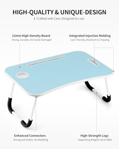 FISYOD Foldable Laptop Table, Portable Lap Desk Bed Table Tray, Laptop Stand with Cup Holder & Tablet Slot & Lifting Handle for Working Writing Drawing & Eating (Light Blue) - color: Light Blue