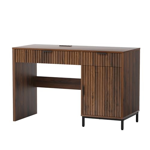 47" Fluted Executive Desk, Modern Wood Home Office Desk with Charging Station, Drawer & Cabinet, Computer Writing Desk for Work Study, Brown - color: Brown