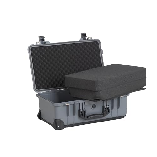 MEIJIA All Weather Rolling Waterproof Protective Case, Hard Camera Case,Dry Case with Retractable Pull Handle and Wheels,Foam Inserted,22 x13.81x9inches (Grey) - color: Grey