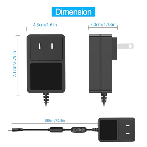 12V 2A Power Supply Adapter with On Off Switch, DC in 12V Power Cord, AC 100-240V 50-60Hz 24W 12 Volt Converter, for LED Light Strip DVD Player Keyboard Router CCTV Camera Hard Drive.