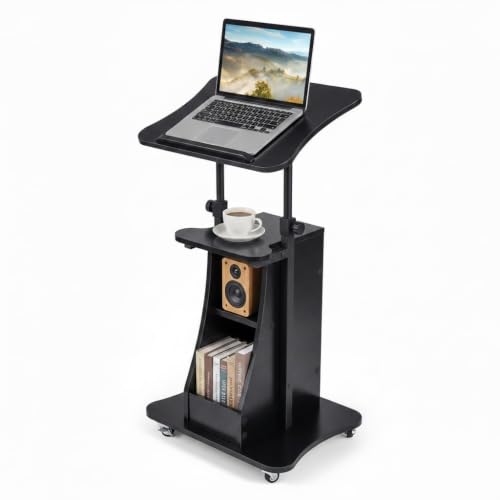 Tangkula Mobile Lectern Podium Set of 2, Height Adjustable Podium Stand, Standing Sit-to-Stand Desk, Rolling Cart Laptop Desk with Swivel Top Movable Wheels & Storage - color: Black, size: 20" x 16" x 44"