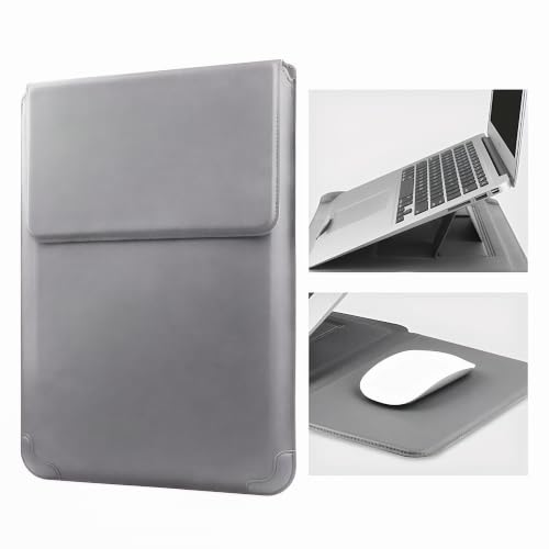 Laptop Sleeve with Stand and Mouse Pad 15-16 Inch Leather Laptop Case Notebook Computer Protective Cover Slim Bag for MacBook Air/Pro Dell Lenovo ThinkPad HP Samsung Asus Acer LG Chromebook - color: Light Gray, size: 15-16 Inch