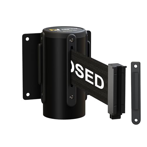 CCW Series WMB-120 Fixed Wall Mount Retractable Belt Barrier | 11 Foot Black "THIS LINE IS CLOSED" Belt with Black Steel Case - color: Black"THIS LINE IS CLOSED"