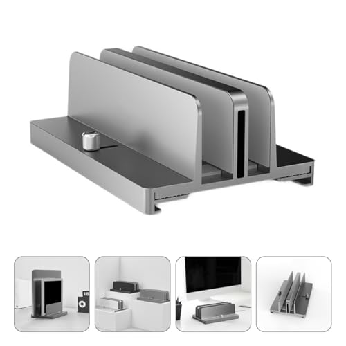 Aluminum Alloy Vertical Laptop Stand Adjustable Dual-Slot Desk Organizer for Notebooks and Tablets Space-Saving Gray Holder for Home and Office