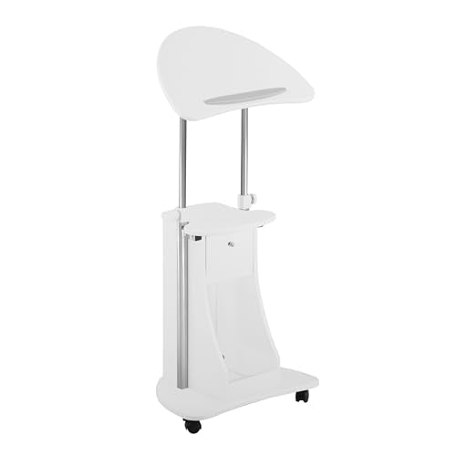 Techni Mobili Adjustable Height Rolling Laptop Cart with Storage, White | Adjustable height rolling laptop cart with storage, open shelf, wheels, sit‑to‑stand ideal for podium office medical use - color: White