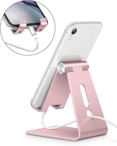 OMOTON Adjustable Cell Phone Stand, C2 Aluminum Desktop Phone Holder Dock Compatible with iPhone 15 14 13 Xs XR 8 Plus 7 6, Samsung Galaxy, Google Pixel, Android Phones, Rose Gold | Sturdy 3mm Aluminum, Charging Port, 270° Adjustable, Non-Slip Silicone Pa