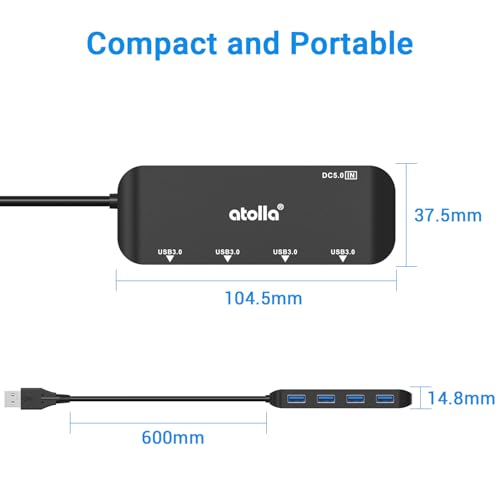 USB 3.0 Hub 4-Port with 2ft Cable — High-Speed 5Gbps Data Expander for Laptop & PC, Ultra-Slim Portable USB Splitter Compatible with Windows/macOS/Linux - size: 2FT