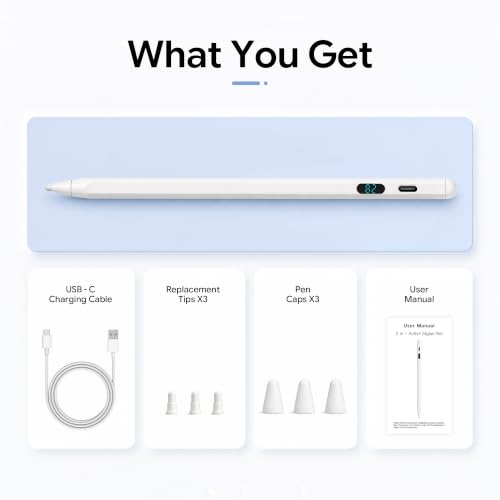 2-in-1 Dual Modes Stylus Pen with LED Display - Active Digital Pencil with Palm Rejection for iPad, iPhone, Samsung, Android & Switch, Tilt Sensitivity, Fast Charge, No Bluetooth, Universal Touch Pen - color: White