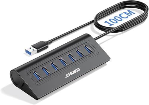 USB Hub 3.0, JESWO Aluminum 7 Port USB 3.0 Hub with 3.3Ft Cable, USB Splitter with 7-USB3.0 Data Ports Compatible with MacBook, Laptop,Surface Pro, PS5, PC and More (No Power Adapter Included) - color: Black