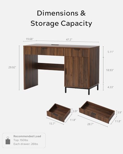 47" Fluted Executive Desk, Modern Wood Home Office Desk with Charging Station, Drawer & Cabinet, Computer Writing Desk for Work Study, Brown - color: Brown