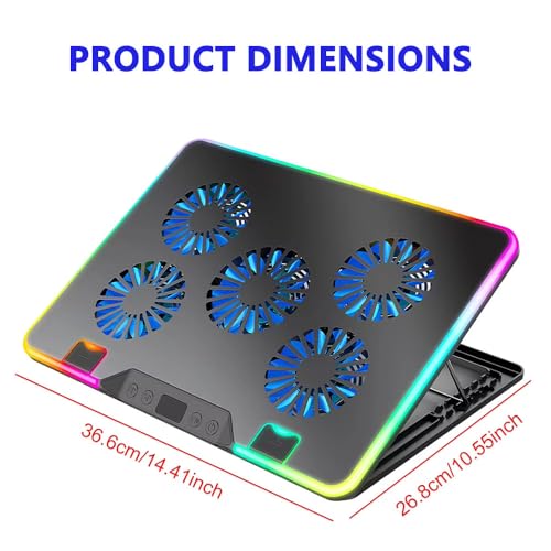 Laptop Cooling Pad with 5 Quiet Fans and RGB Lighting, LCD Display, 4-Level Fan Speed, 7 Adjustable Height, Abs Bracket & Metal Panel, Fits Up to 17” Laptops Black - color: Black