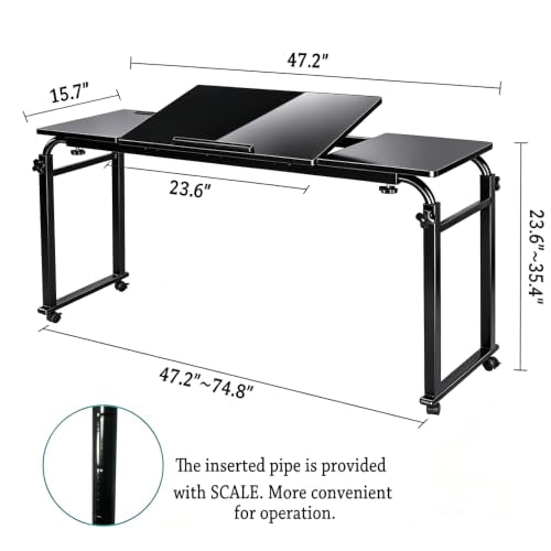Overbed Bedside Table with Wheels Portable Rolling Laptop Desk Cart Computer Table Over The Bed Table Adjustable Height and Length with Tilt Stand Board for Bed Hospital Home and Office (Black-M) - color: Black-m