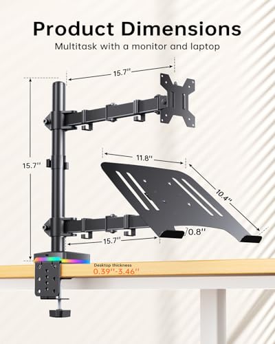 RGB Monitor and Laptop Mount Stand with 3 USB Ports, Charging and USB Data Transfer, Adjustable laptop stand for 13" to 32" Screen and 11"-17” Laptop, Holds 18lbs/Arm, 75x75/100x100 VESA, C-Clamp